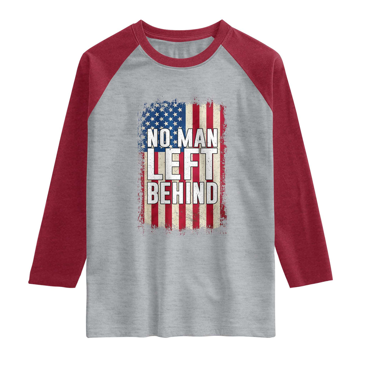 No Man Left Behind Patriotic Raglan Shirt Distressed American Flag TS02 Heather Gray Heather Red Print Your Wear