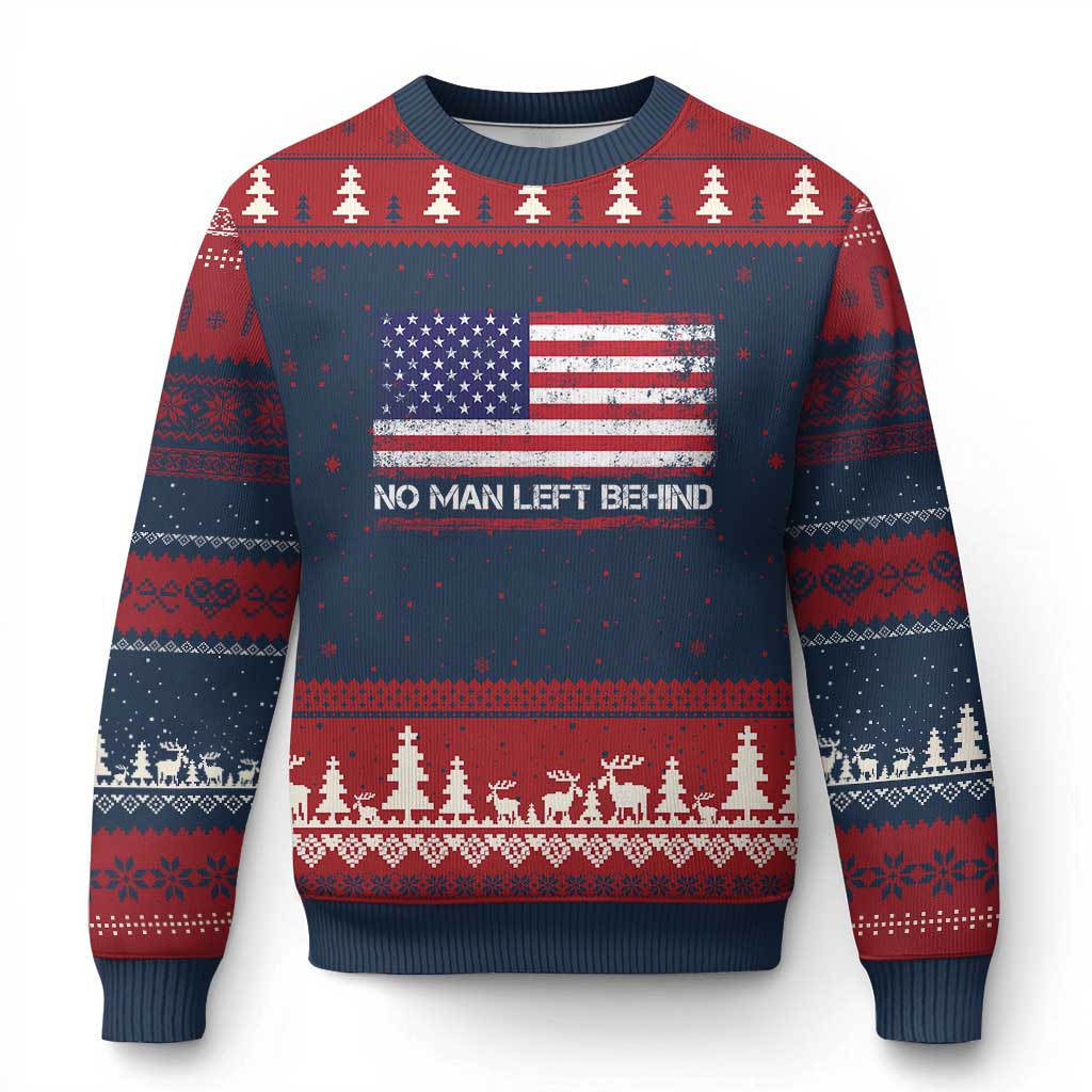 No Man Left Behind Distressed USA Flag Ugly Christmas Sweater Patriotic US Military Brotherhood TS02 Navy Red Print Your Wear
