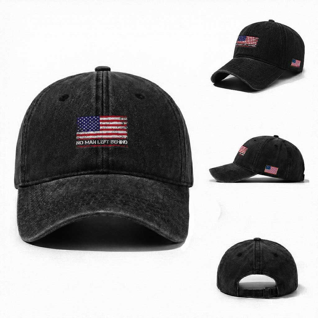 No Man Left Behind Distressed USA Flag Washed Cotton Baseball Cap Patriotic US Military Brotherhood TS02 Washed Cap Universal Fit Black Print Your Wear