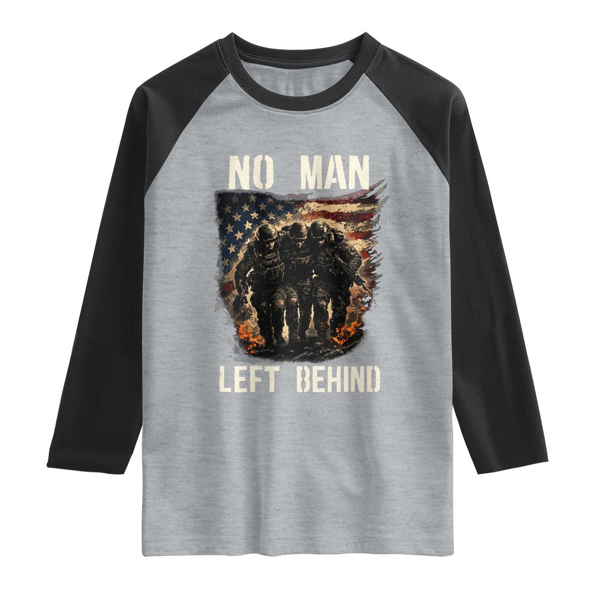 No Man Left Behind Soldiers Brotherhood Raglan Shirt American Flag US Military TS02 Heather Gray Black Print Your Wear