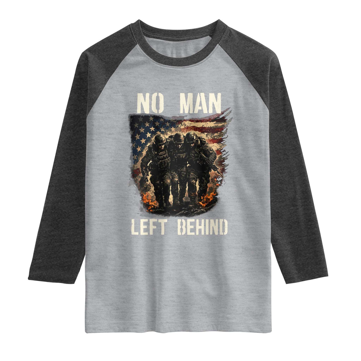No Man Left Behind Soldiers Brotherhood Raglan Shirt American Flag US Military TS02 Heather Gray Heather Charcoal Print Your Wear