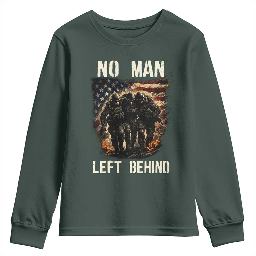 No Man Left Behind Soldiers Brotherhood Youth Sweatshirt American Flag US Military TS02 Dark Forest Green Print Your Wear