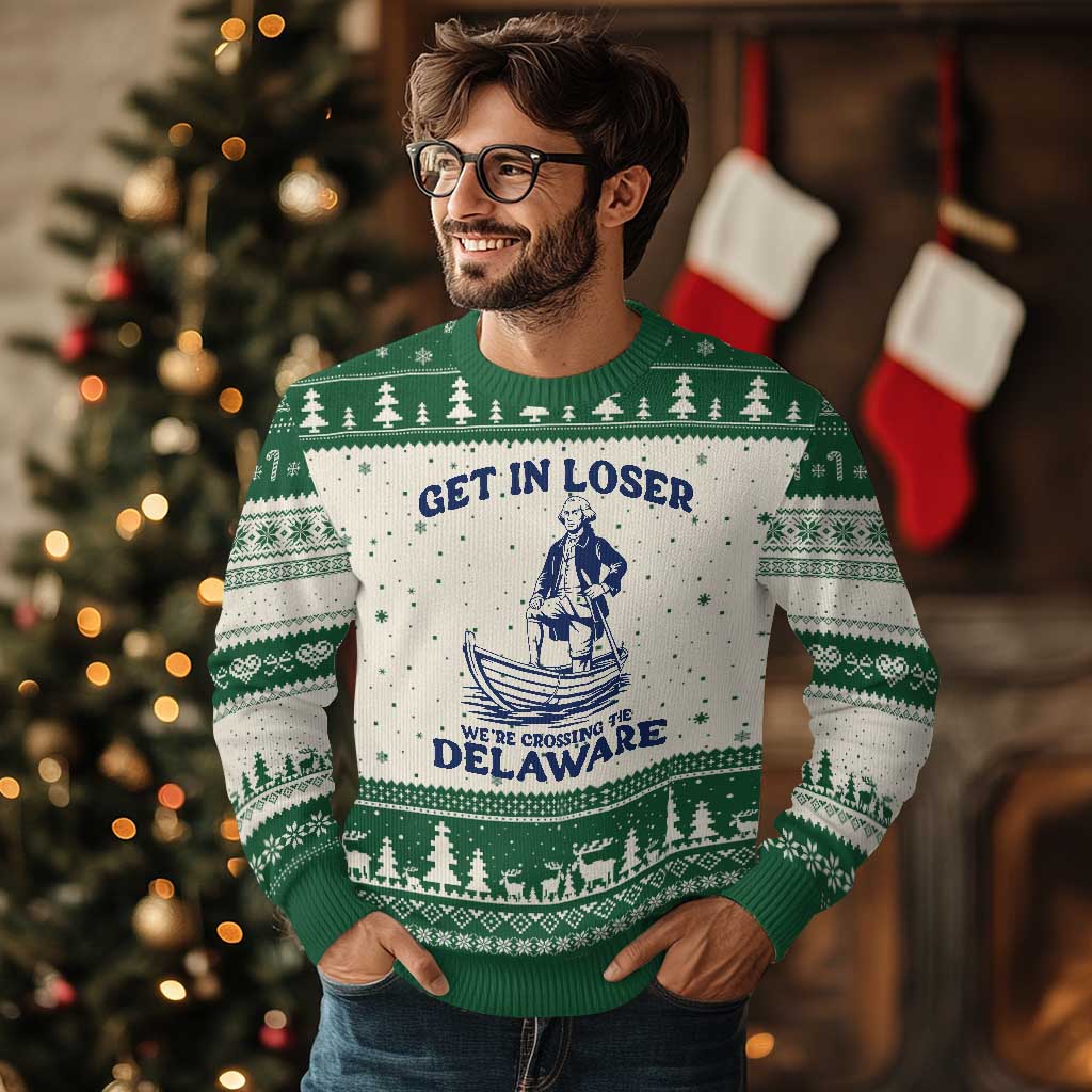 Get In Loser We are Crossing The Delaware Ugly Christmas Sweater Funny George Washington Nautical Humor Graphic TS02 Beige Green Print Your Wear