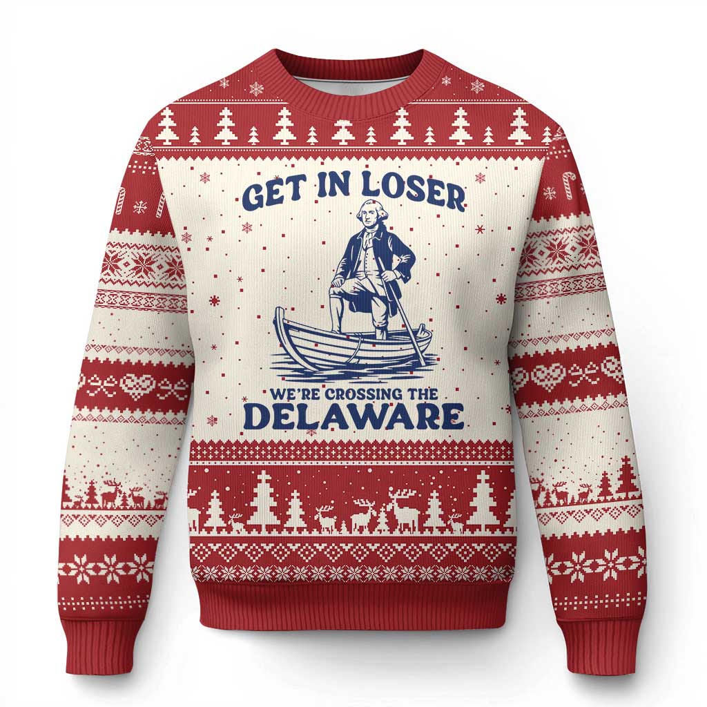 Get In Loser We are Crossing The Delaware Ugly Christmas Sweater Funny George Washington Nautical Humor Graphic TS02 Beige Red Print Your Wear