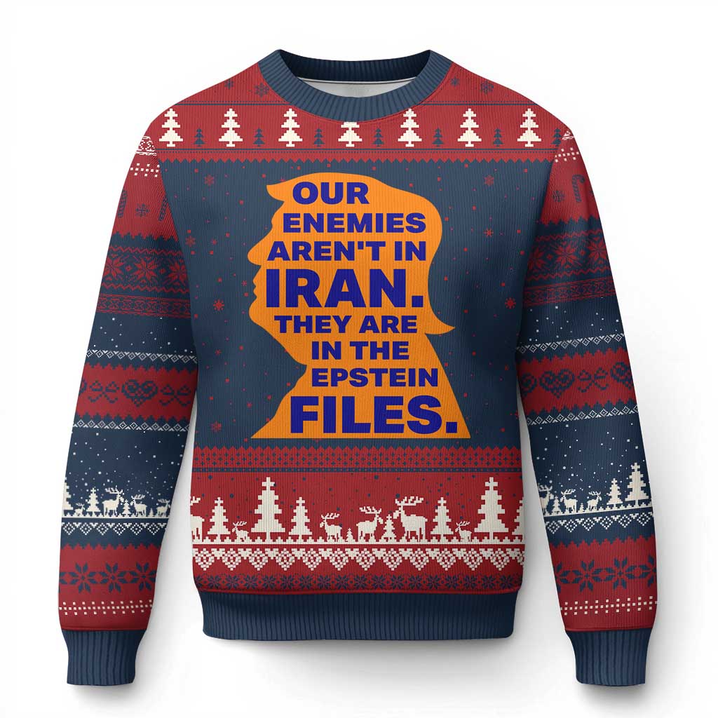 Our Enemies Aren't In Iran Ugly Christmas Sweater Epstein Files Silhouette Political Satire TS02 Navy Red Print Your Wear