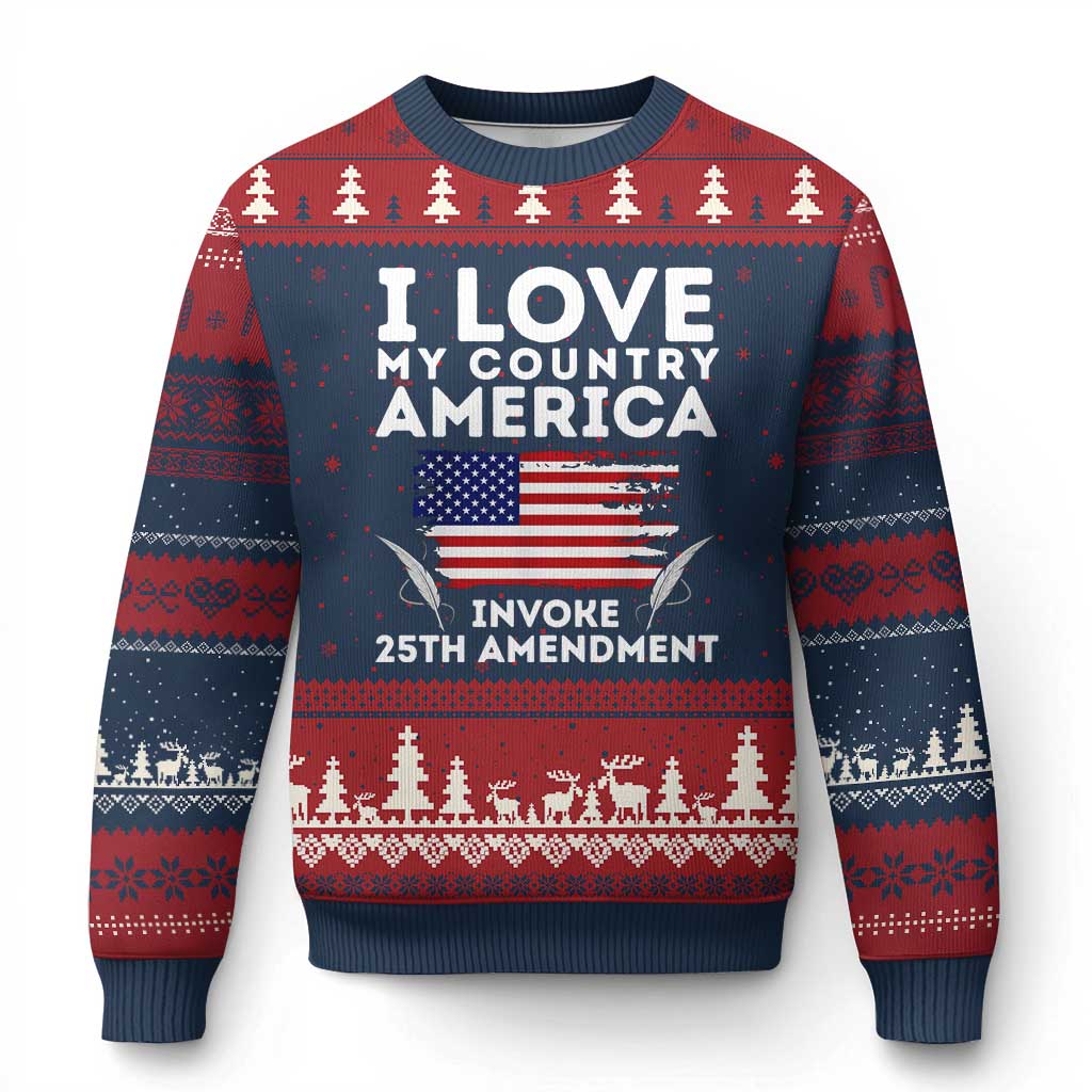 I Love My Country Invoke 25th Amendment Ugly Christmas Sweater Distressed Flag Patriotic Political Satire TS02 Navy Red Print Your Wear