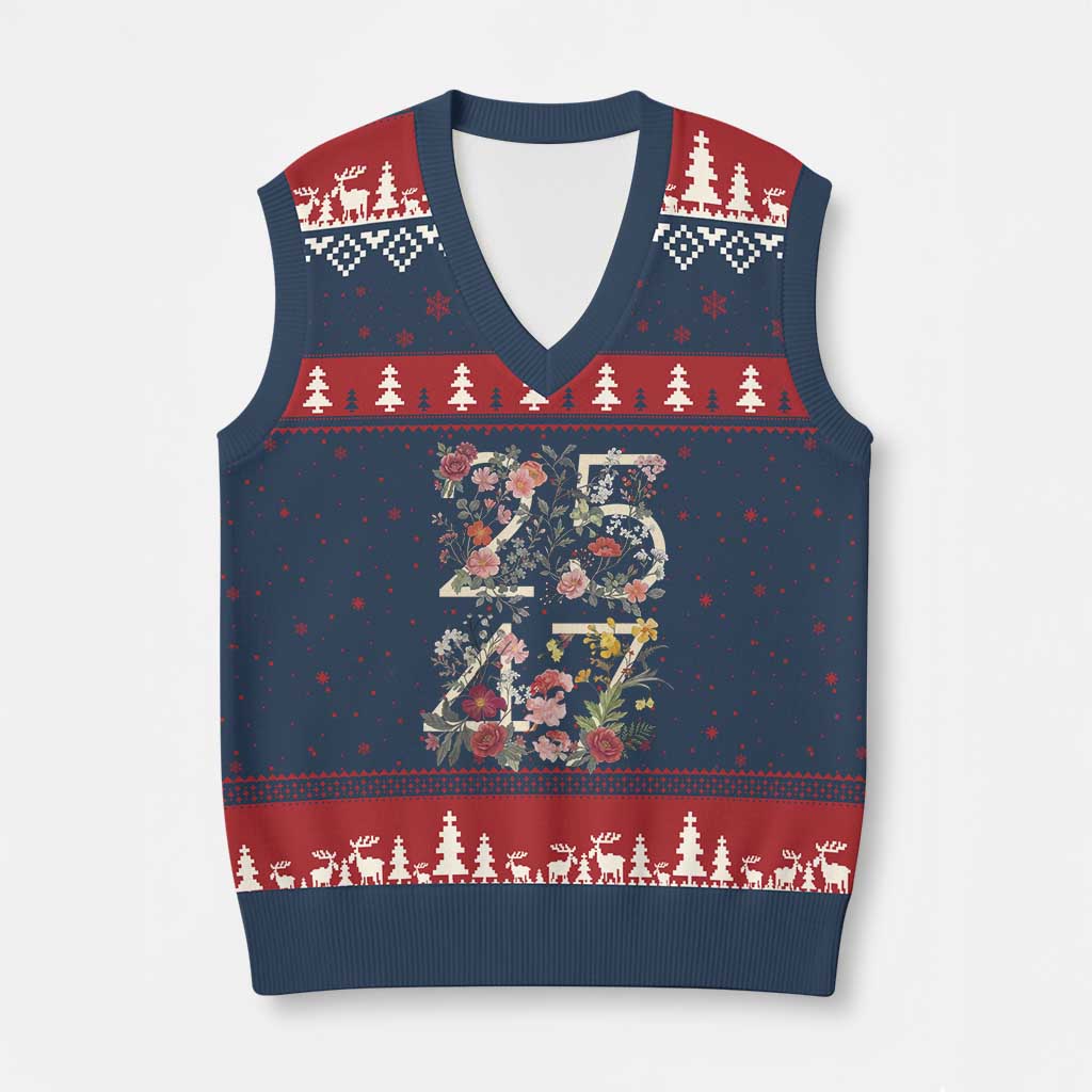 2547 Wildflower Floral Graphic V-Neck Knit Sweater Vest Subtle Coded 25th Amendment Political Satire Aesthetic TS02 Navy Red Print Your Wear