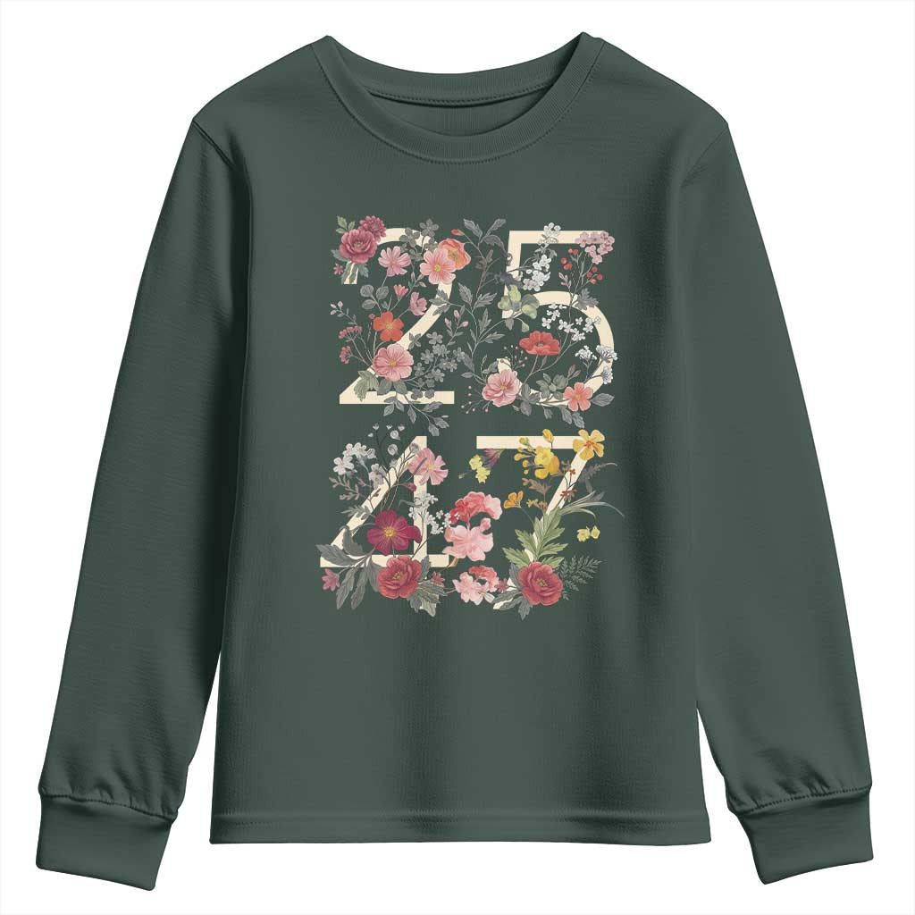 2547 Wildflower Floral Graphic Youth Sweatshirt Subtle Coded 25th Amendment Political Satire Aesthetic TS02 Dark Forest Green Print Your Wear