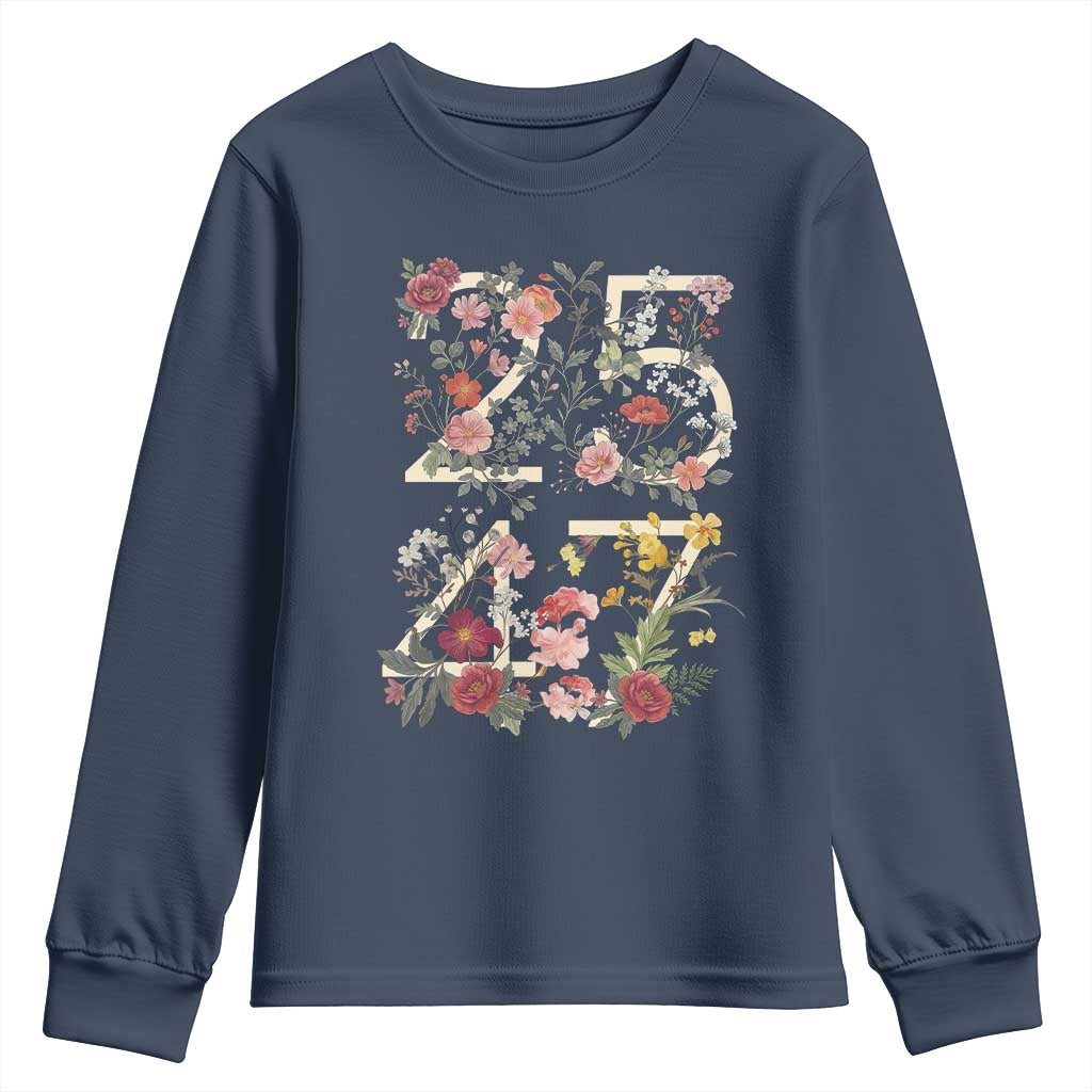2547 Wildflower Floral Graphic Youth Sweatshirt Subtle Coded 25th Amendment Political Satire Aesthetic TS02 Navy Print Your Wear
