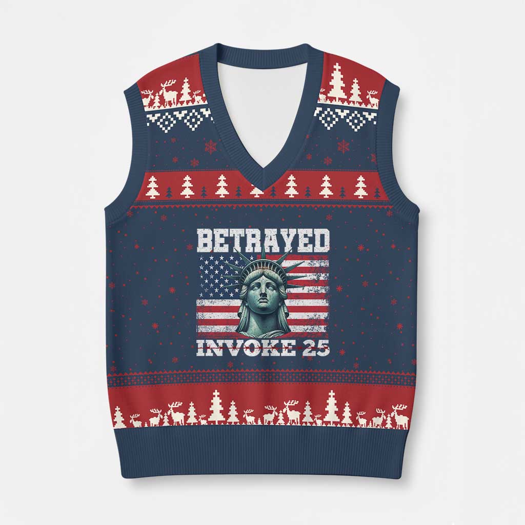 Betrayed Invoke 25 Statue of Liberty Crying V-Neck Knit Sweater Vest 25th Amendment Distressed Flag Political Satire Graphic TS02 Navy Red Print Your Wear