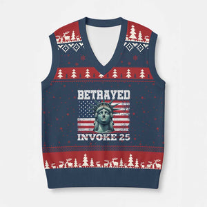 Betrayed Invoke 25 Statue of Liberty Crying V-Neck Knit Sweater Vest 25th Amendment Distressed Flag Political Satire Graphic TS02 Navy Red Print Your Wear