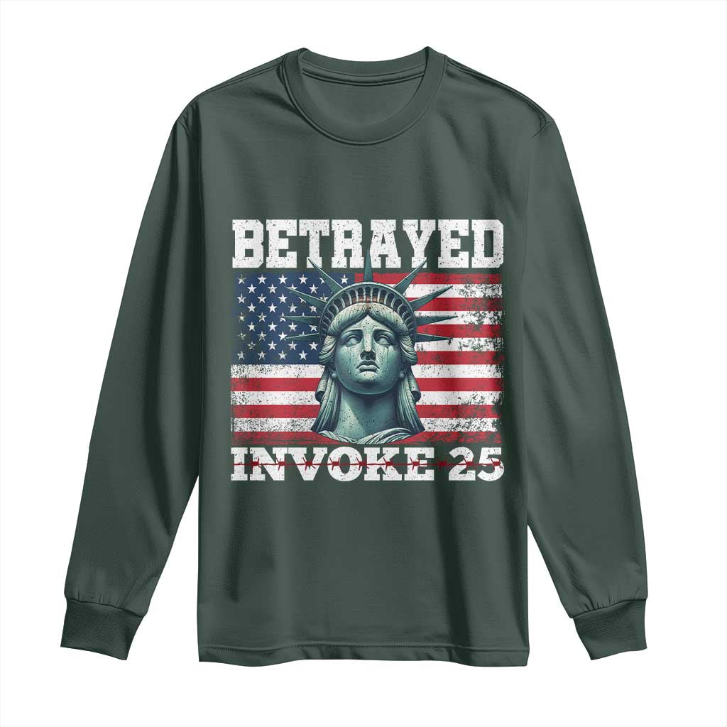 Betrayed Invoke 25 Statue of Liberty Crying Long Sleeve Shirt 25th Amendment Distressed Flag Political Satire Graphic TS02 Dark Forest Green Print Your Wear