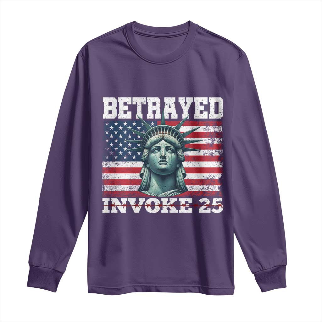Betrayed Invoke 25 Statue of Liberty Crying Long Sleeve Shirt 25th Amendment Distressed Flag Political Satire Graphic TS02 Purple Print Your Wear