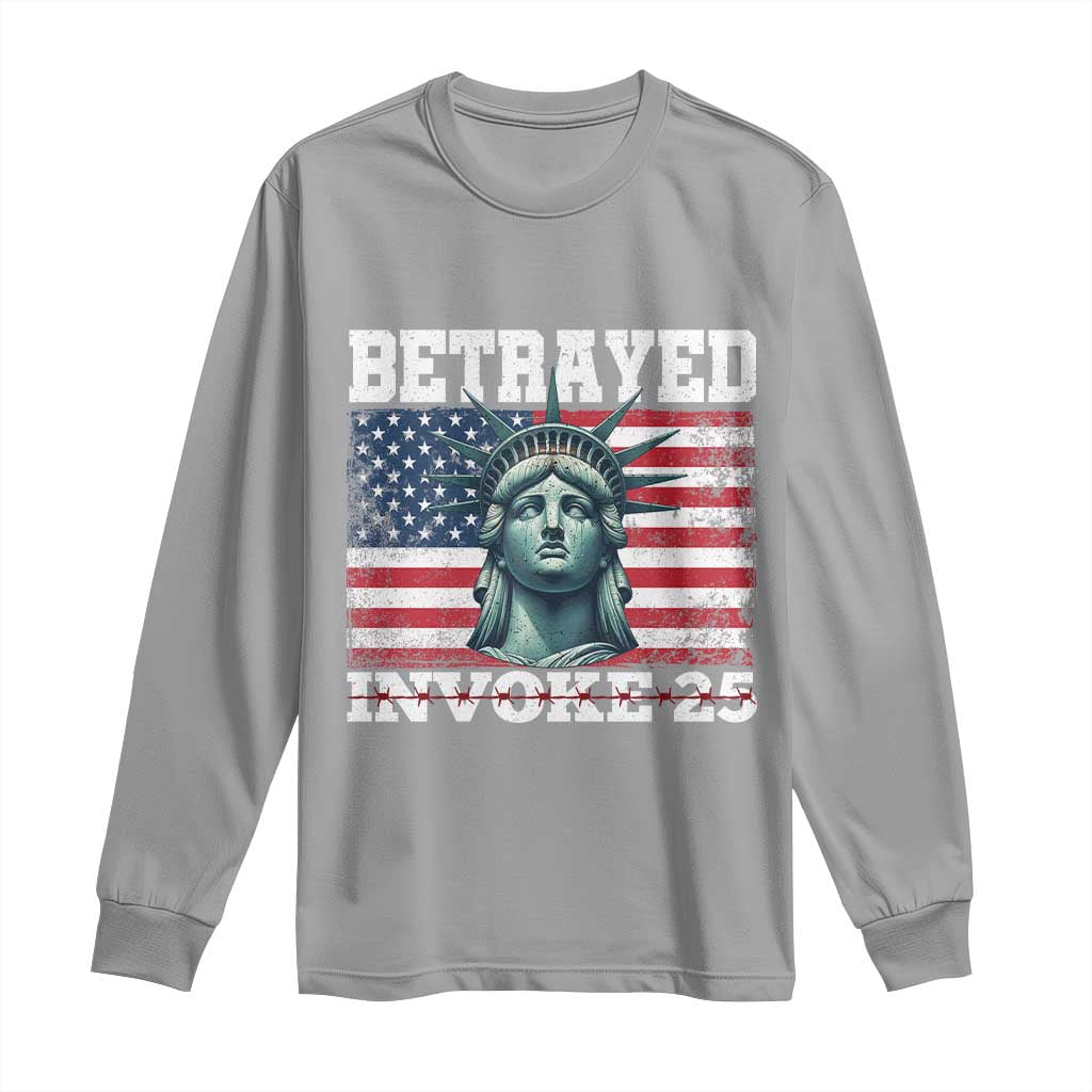 Betrayed Invoke 25 Statue of Liberty Crying Long Sleeve Shirt 25th Amendment Distressed Flag Political Satire Graphic TS02 Sport Gray Print Your Wear