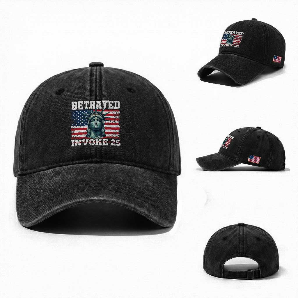 Betrayed Invoke 25 Statue of Liberty Crying Washed Cotton Baseball Cap 25th Amendment Distressed Flag Political Satire Graphic TS02 Washed Cap Universal Fit Black Print Your Wear