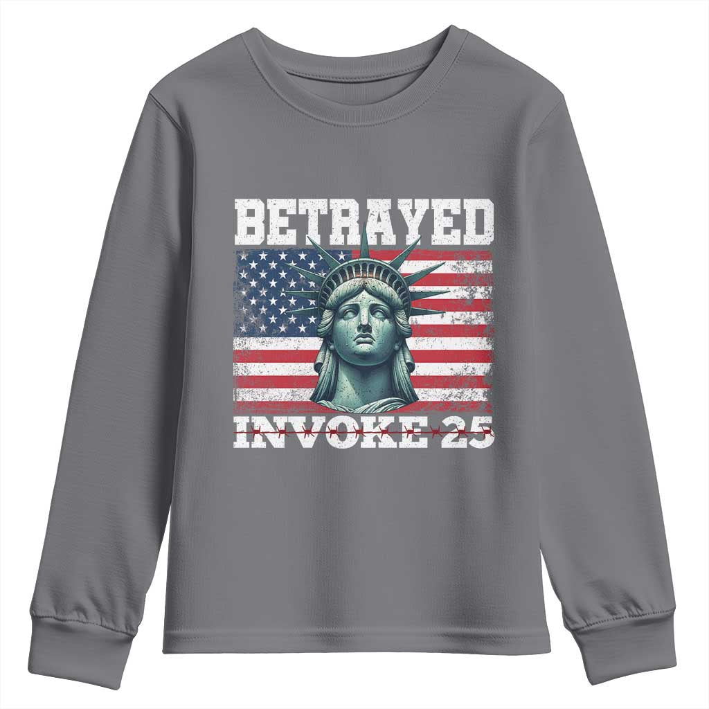 Betrayed Invoke 25 Statue of Liberty Crying Youth Sweatshirt 25th Amendment Distressed Flag Political Satire Graphic TS02 Charcoal Print Your Wear
