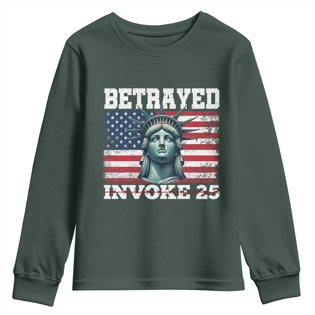 Betrayed Invoke 25 Statue of Liberty Crying Youth Sweatshirt 25th Amendment Distressed Flag Political Satire Graphic TS02 Dark Forest Green Print Your Wear