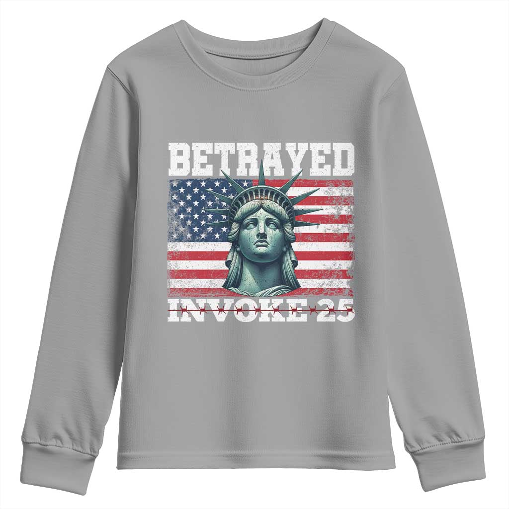 Betrayed Invoke 25 Statue of Liberty Crying Youth Sweatshirt 25th Amendment Distressed Flag Political Satire Graphic TS02 Sport Gray Print Your Wear