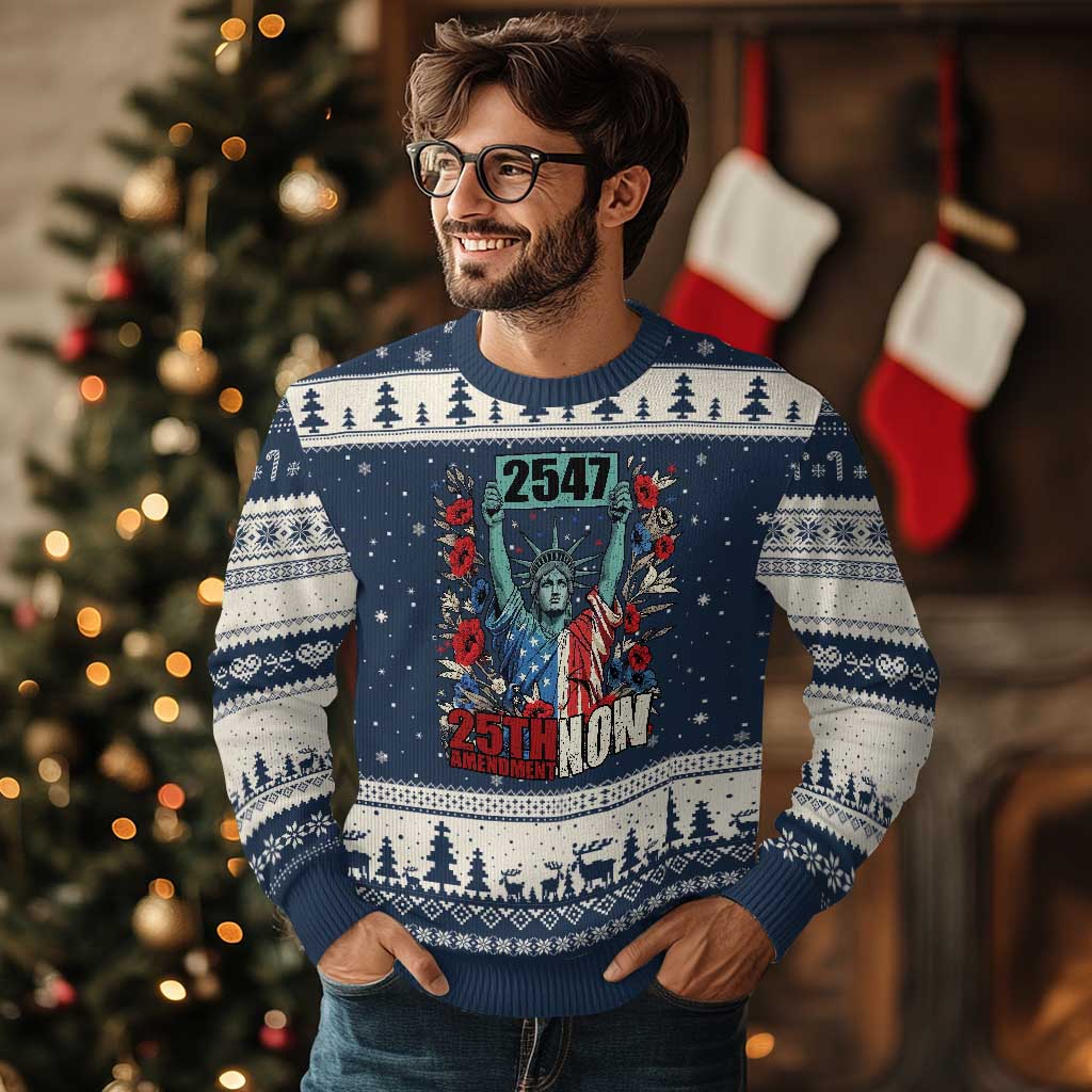 25th Amendment Now 2547 Ugly Christmas Sweater Statue of Liberty Floral Political Statement Graphic TS02 Navy Beige Print Your Wear