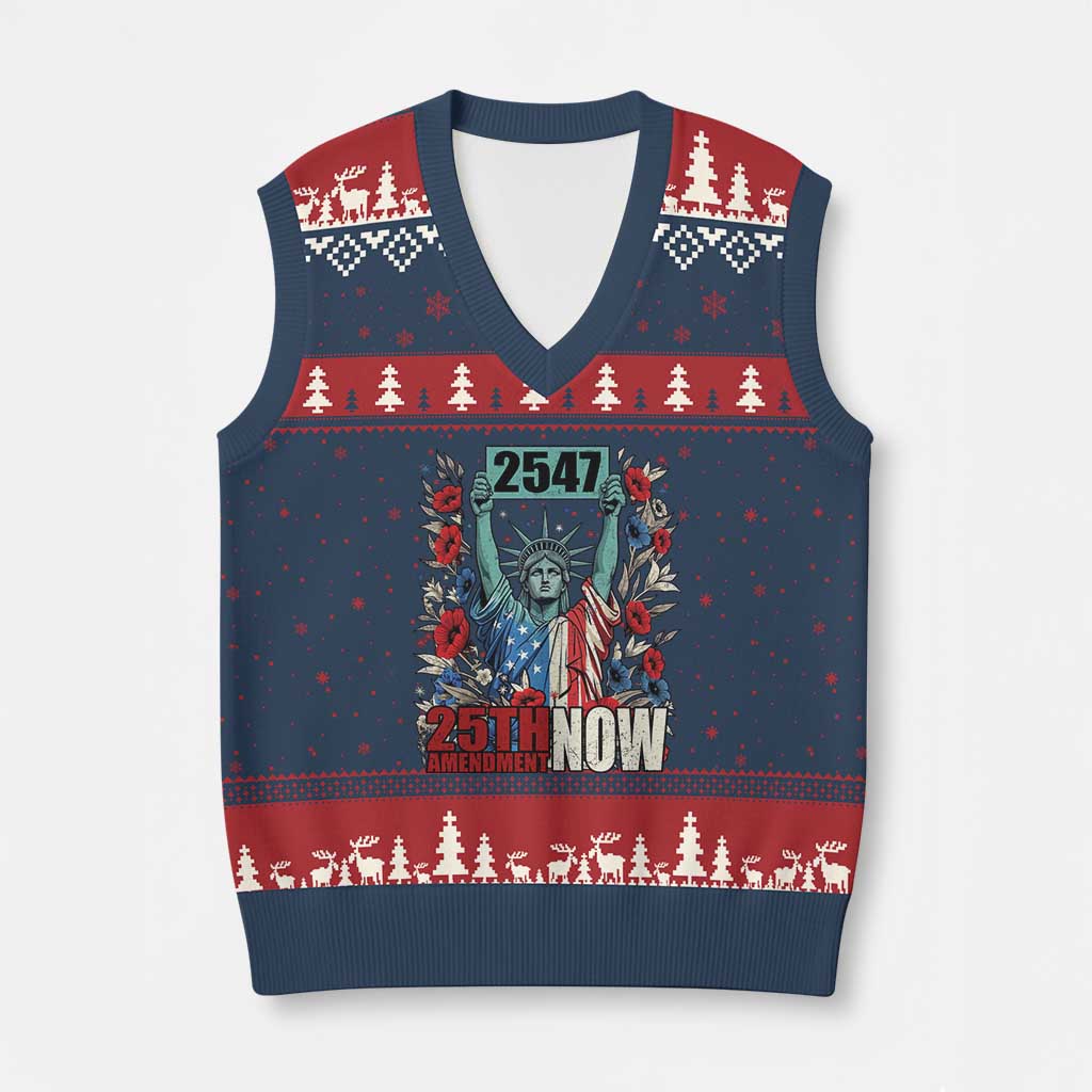 25th Amendment Now 2547 V-Neck Knit Sweater Vest Statue of Liberty Floral Political Statement Graphic TS02 Navy Red Print Your Wear