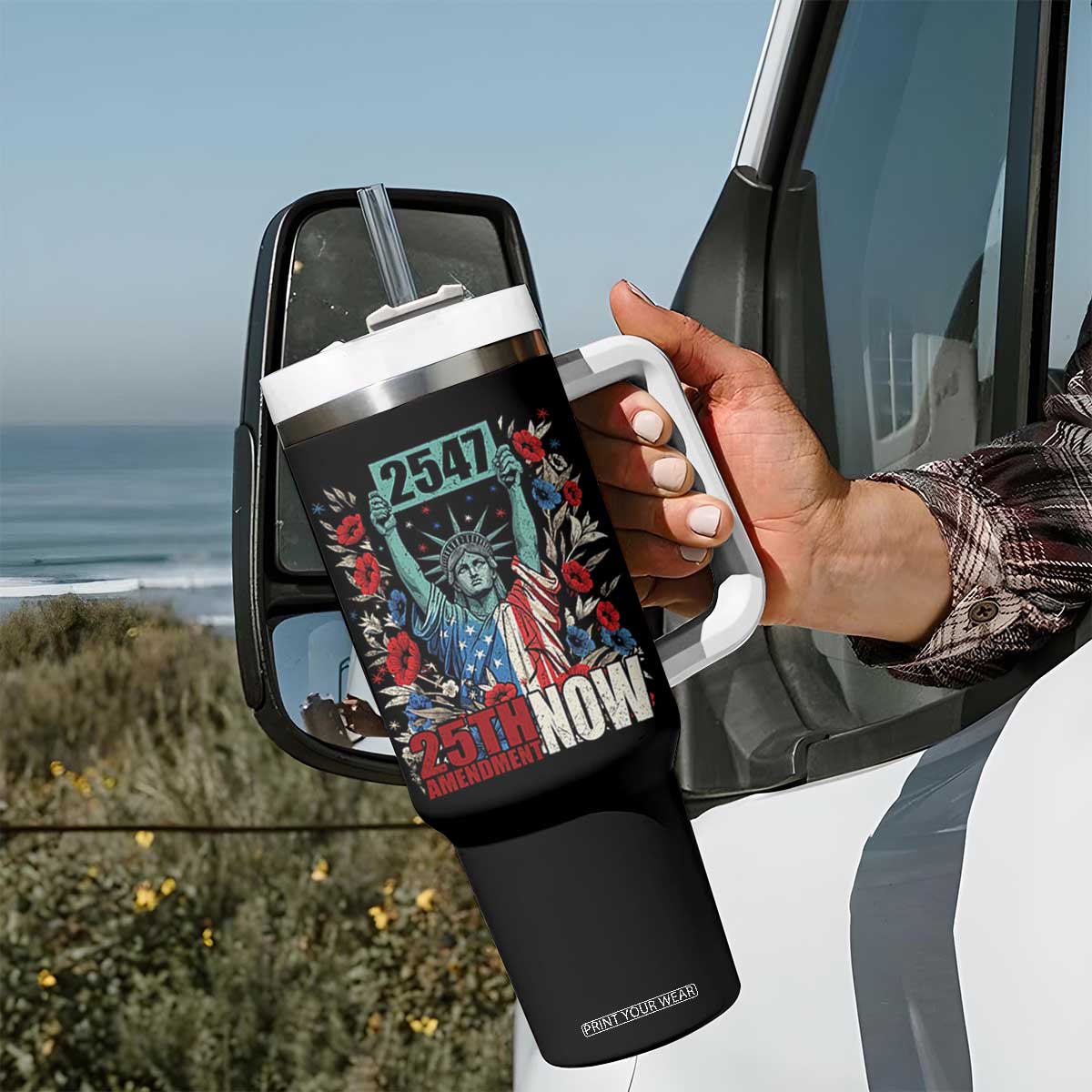 25th Amendment Now 2547 Tumbler With Handle Statue of Liberty Floral Political Statement Graphic TS02 Print Your Wear