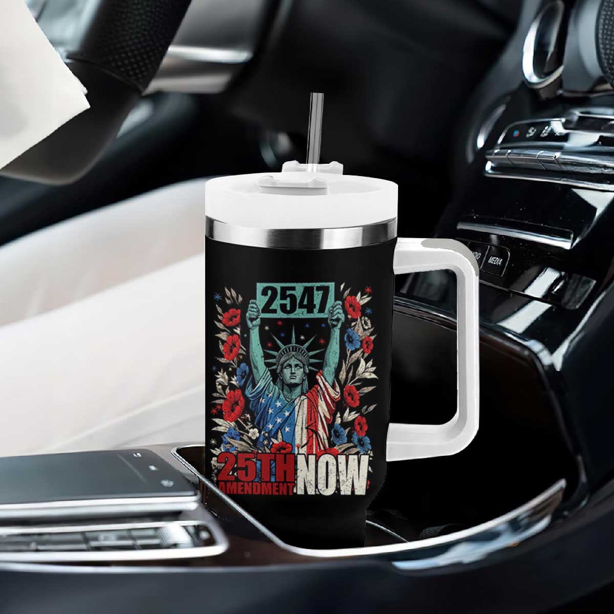 25th Amendment Now 2547 Tumbler With Handle Statue of Liberty Floral Political Statement Graphic TS02 Print Your Wear