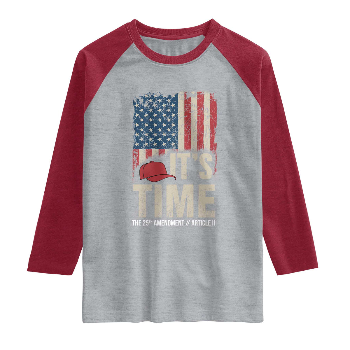 It's Time The 25th Amendment Raglan Shirt Article II Red Hat Distressed American Flag Graphic TS02 Heather Gray Heather Red Print Your Wear