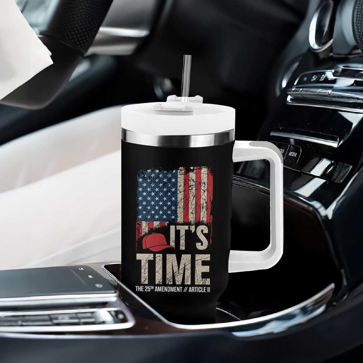 It's Time The 25th Amendment Tumbler With Handle Article II Red Hat Distressed American Flag Graphic TS02 Print Your Wear