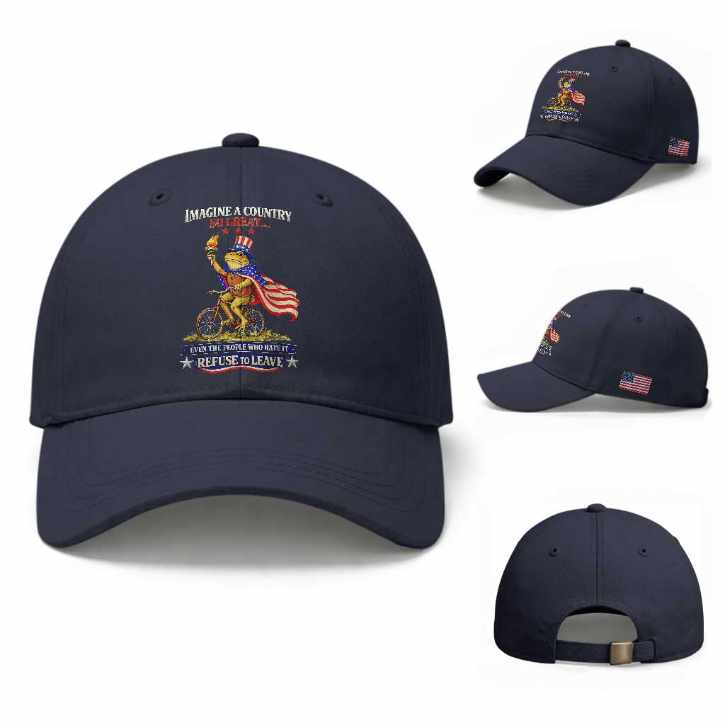 Proud American Humor Patriotic Frog On Bicycle Graphic Baseball Cap Imagine A Country So Great Pride TS02 Baseball Cap Universal Fit Navy Print Your Wear