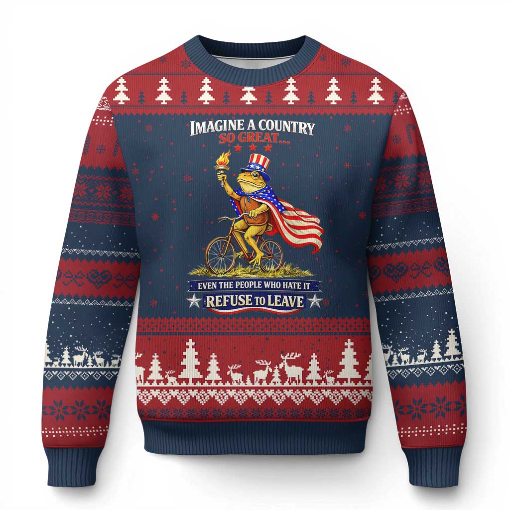 Proud American Humor Patriotic Frog On Bicycle Graphic Ugly Christmas Sweater Imagine A Country So Great Pride TS02 Navy Red Print Your Wear