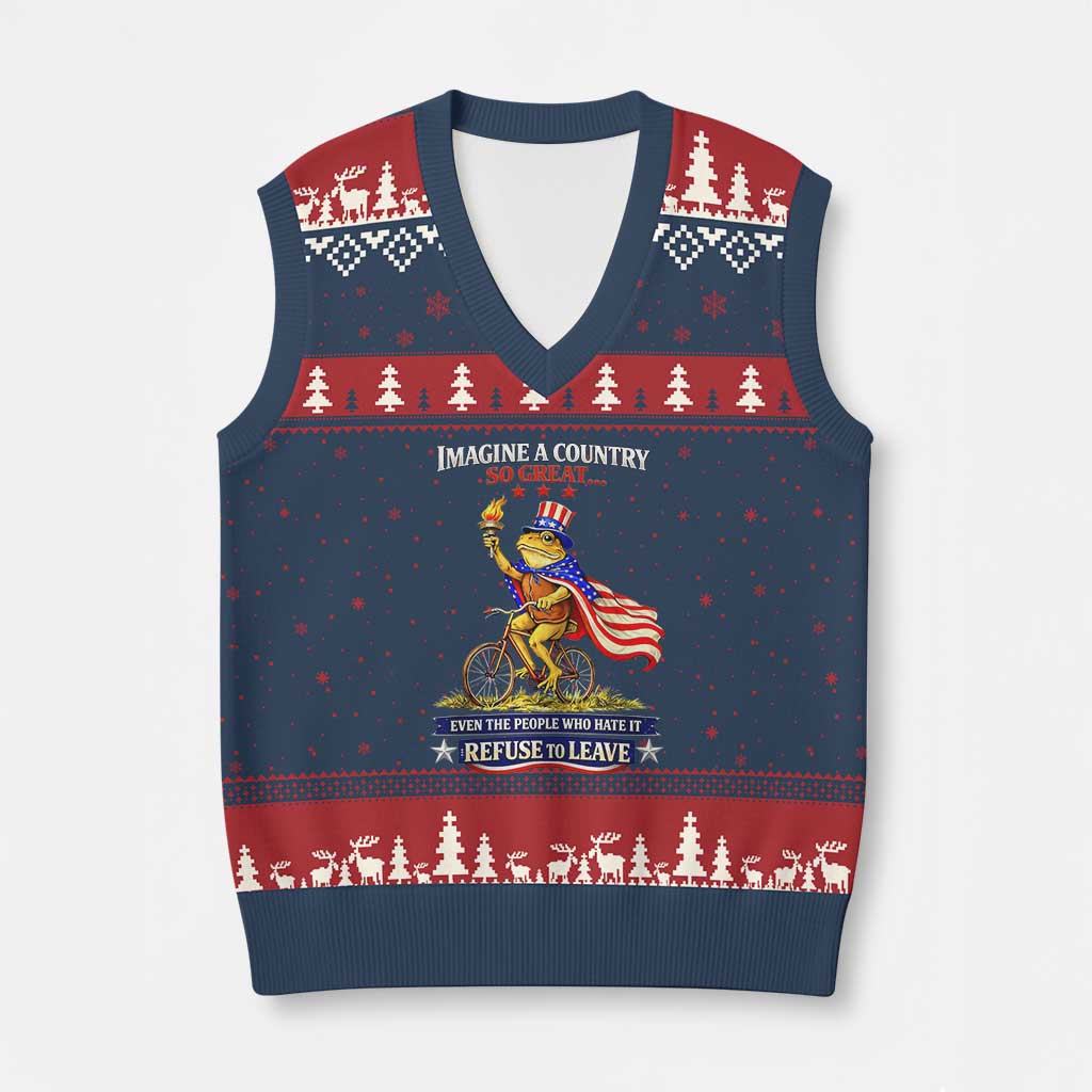 Proud American Humor Patriotic Frog On Bicycle Graphic V-Neck Knit Sweater Vest Imagine A Country So Great Pride TS02 Navy Red Print Your Wear