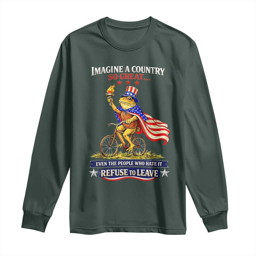 Proud American Humor Patriotic Frog On Bicycle Graphic Long Sleeve Shirt Imagine A Country So Great Pride TS02 Dark Forest Green Print Your Wear