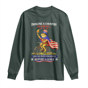 Proud American Humor Patriotic Frog On Bicycle Graphic Long Sleeve Shirt Imagine A Country So Great Pride TS02 Dark Forest Green Print Your Wear