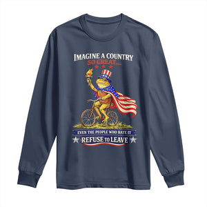 Proud American Humor Patriotic Frog On Bicycle Graphic Long Sleeve Shirt Imagine A Country So Great Pride TS02 Navy Print Your Wear