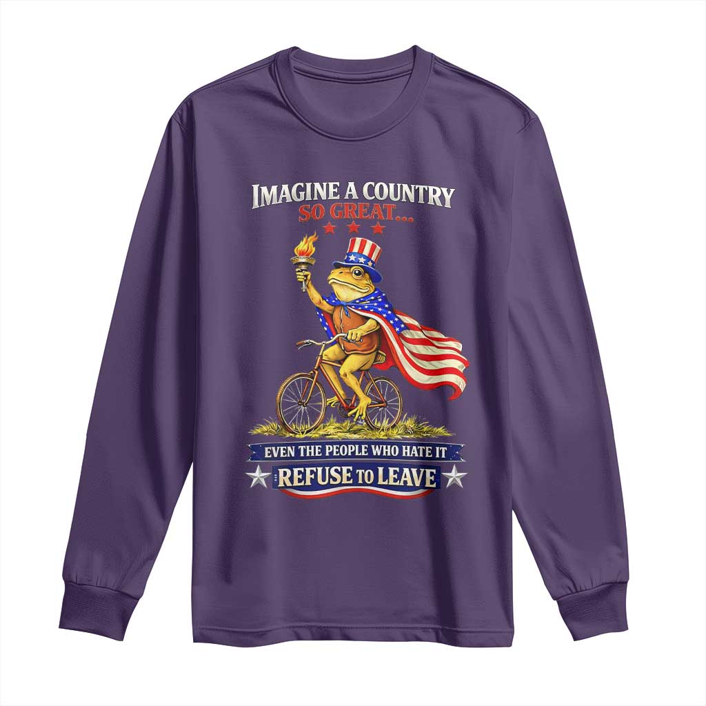Proud American Humor Patriotic Frog On Bicycle Graphic Long Sleeve Shirt Imagine A Country So Great Pride TS02 Purple Print Your Wear