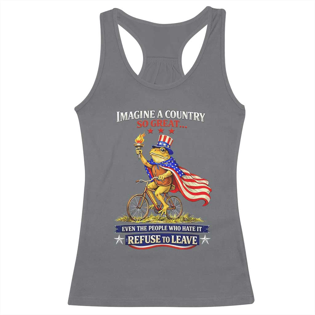 Proud American Humor Patriotic Frog On Bicycle Graphic Racerback Tank Top Imagine A Country So Great Pride TS02 Charcoal Print Your Wear