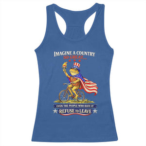 Proud American Humor Patriotic Frog On Bicycle Graphic Racerback Tank Top Imagine A Country So Great Pride TS02 Royal Blue Print Your Wear