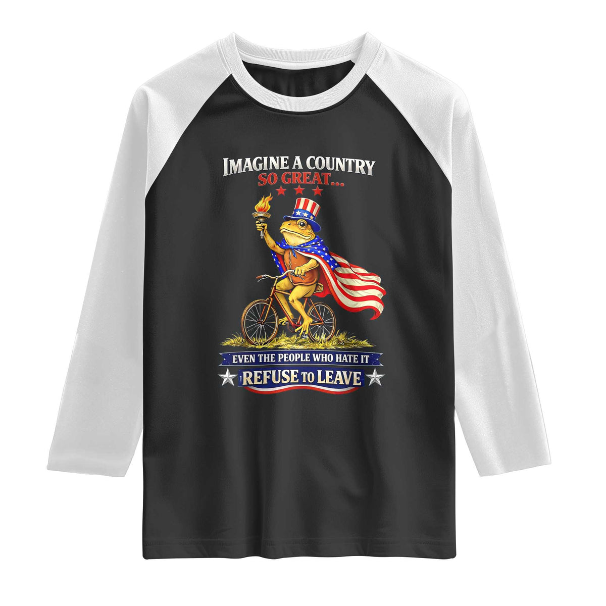 Proud American Humor Patriotic Frog On Bicycle Graphic Raglan Shirt Imagine A Country So Great Pride TS02 Black White Print Your Wear