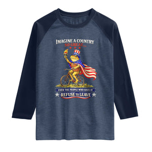 Proud American Humor Patriotic Frog On Bicycle Graphic Raglan Shirt Imagine A Country So Great Pride TS02 Heather Denim Navy Print Your Wear