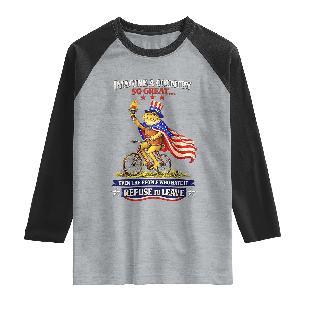 Proud American Humor Patriotic Frog On Bicycle Graphic Raglan Shirt Imagine A Country So Great Pride TS02 Heather Gray Black Print Your Wear