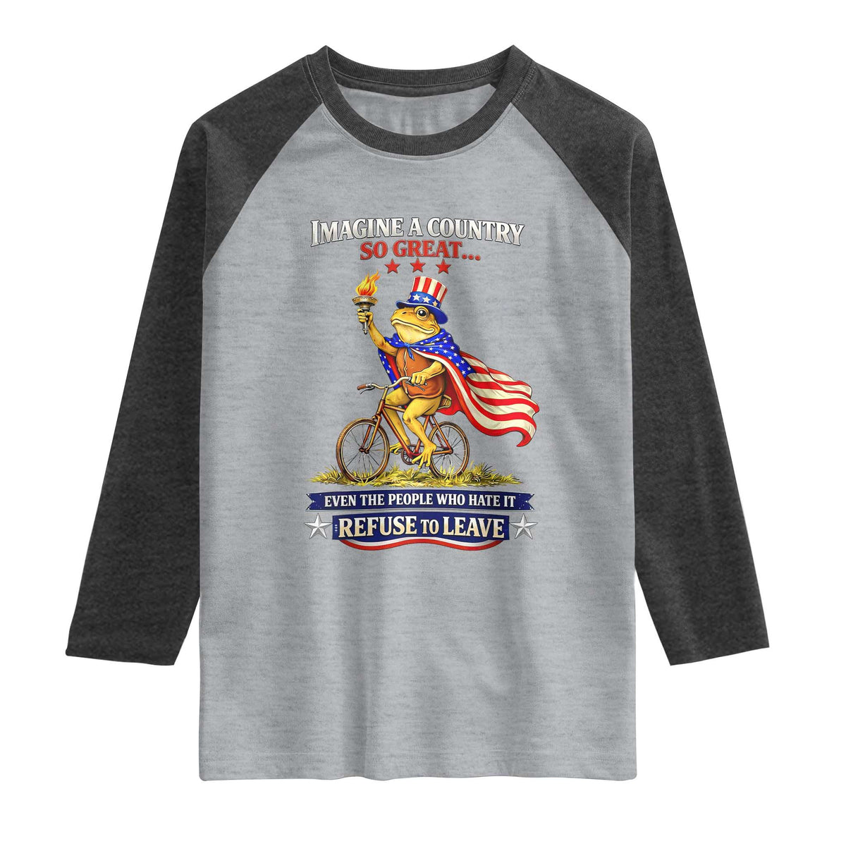 Proud American Humor Patriotic Frog On Bicycle Graphic Raglan Shirt Imagine A Country So Great Pride TS02 Heather Gray Heather Charcoal Print Your Wear