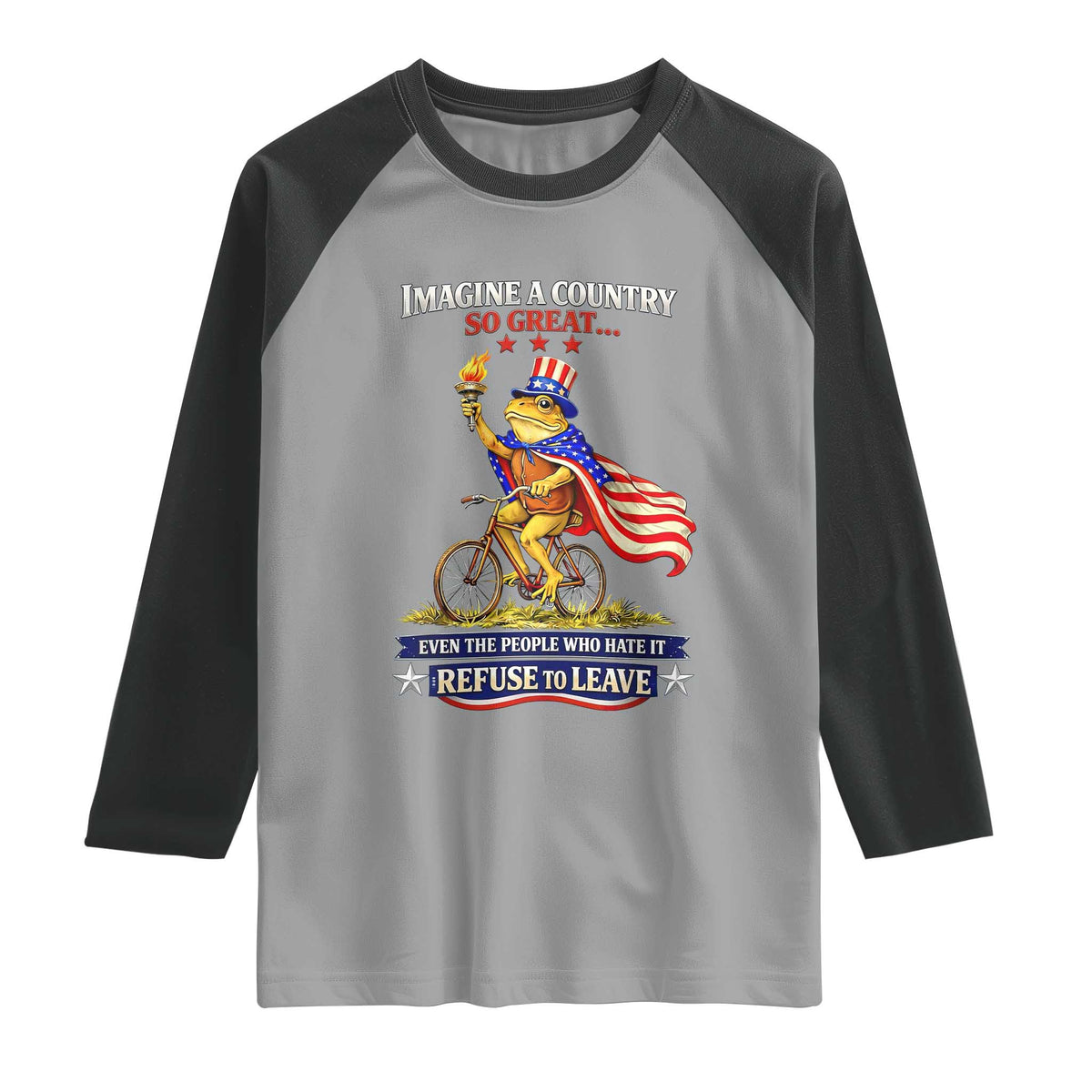 Proud American Humor Patriotic Frog On Bicycle Graphic Raglan Shirt Imagine A Country So Great Pride TS02 Sport Gray Black Print Your Wear
