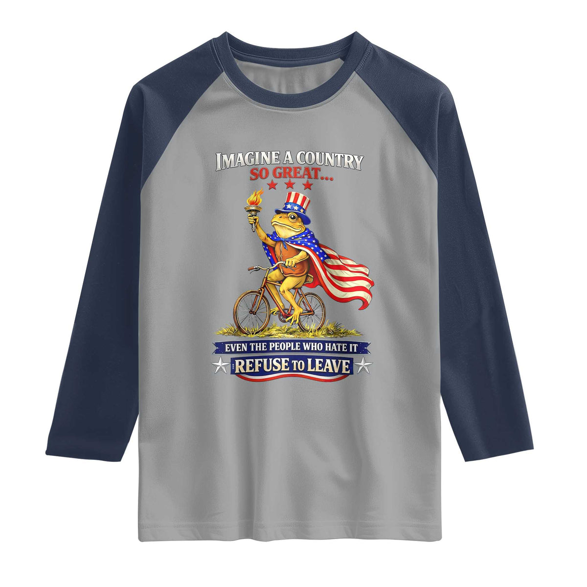 Proud American Humor Patriotic Frog On Bicycle Graphic Raglan Shirt Imagine A Country So Great Pride TS02 Sport Gray Navy Print Your Wear