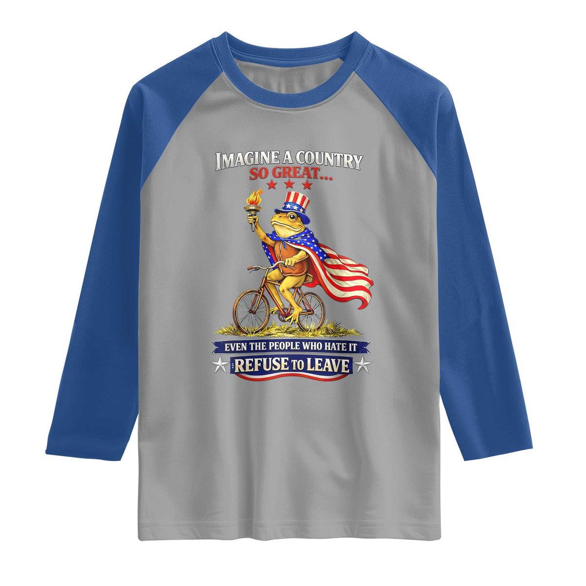 Proud American Humor Patriotic Frog On Bicycle Graphic Raglan Shirt Imagine A Country So Great Pride TS02 Sport Gray Royal Print Your Wear
