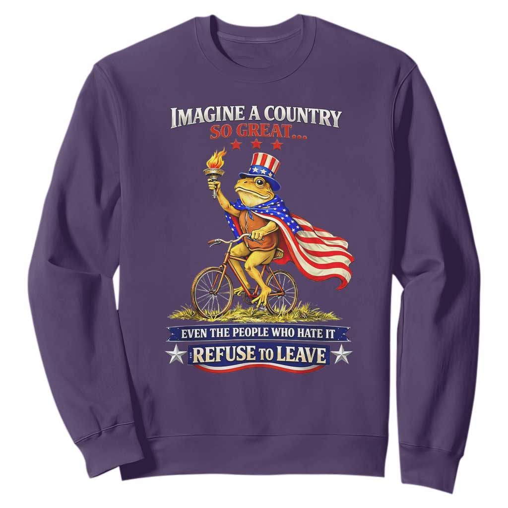 Proud American Humor Patriotic Frog On Bicycle Graphic Sweatshirt Imagine A Country So Great Pride TS02 Purple Print Your Wear