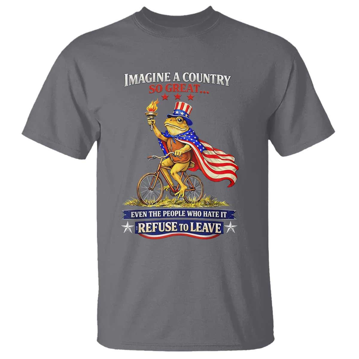 Proud American Humor Patriotic Frog On Bicycle Graphic T Shirt Imagine A Country So Great Pride TS02 Charcoal Print Your Wear