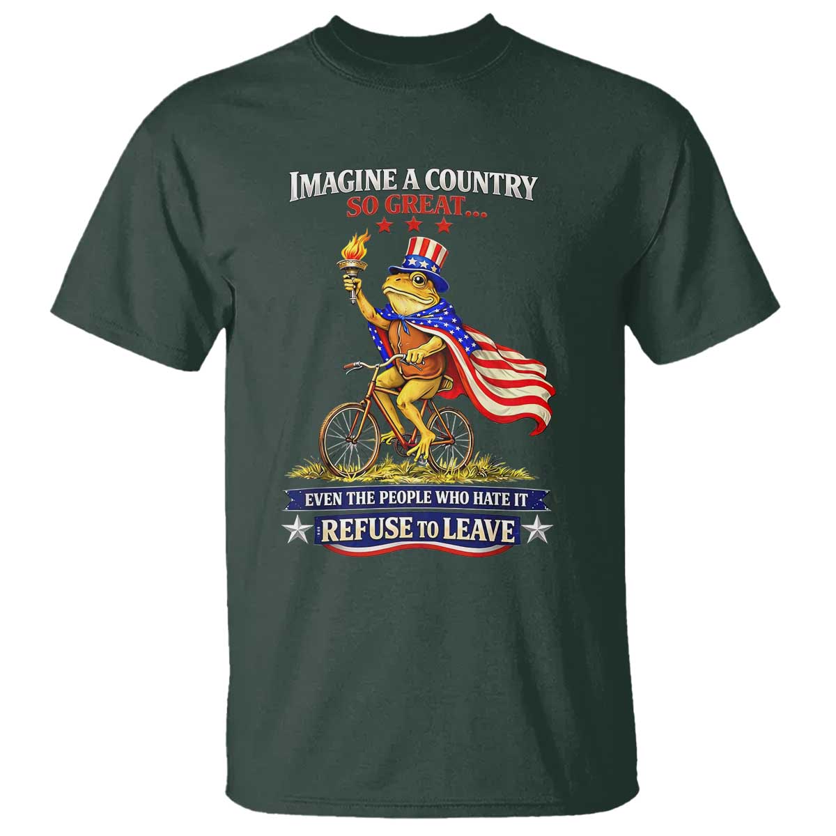 Proud American Humor Patriotic Frog On Bicycle Graphic T Shirt Imagine A Country So Great Pride TS02 Dark Forest Green Print Your Wear