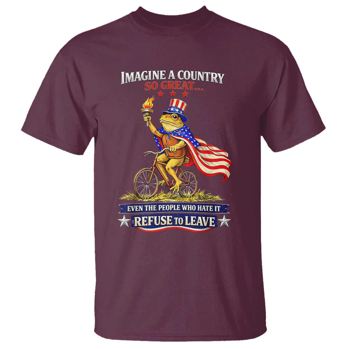 Proud American Humor Patriotic Frog On Bicycle Graphic T Shirt Imagine A Country So Great Pride TS02 Maroon Print Your Wear