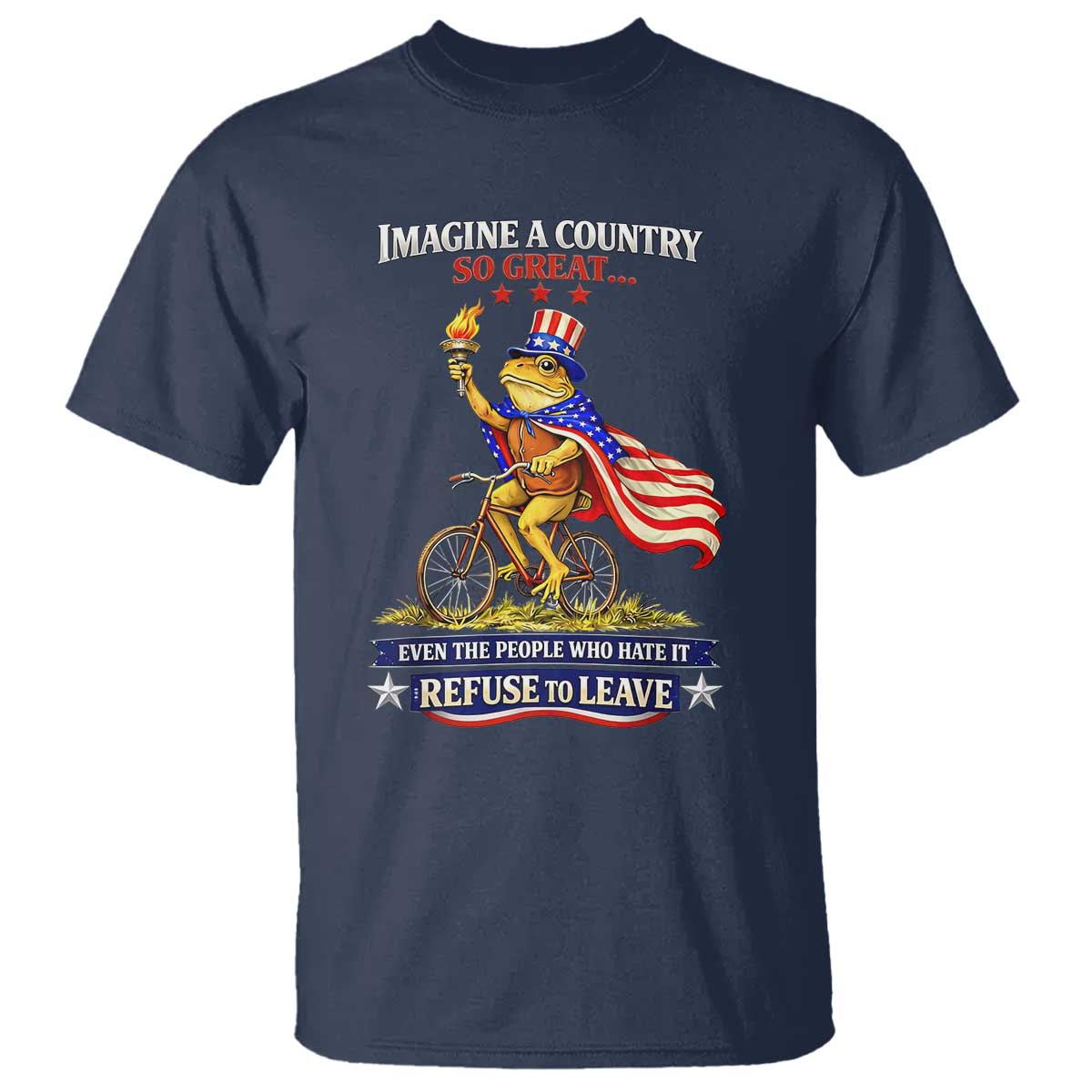 Proud American Humor Patriotic Frog On Bicycle Graphic T Shirt Imagine A Country So Great Pride TS02 Navy Print Your Wear
