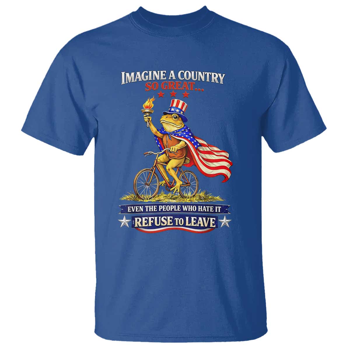Proud American Humor Patriotic Frog On Bicycle Graphic T Shirt Imagine A Country So Great Pride TS02 Royal Blue Print Your Wear